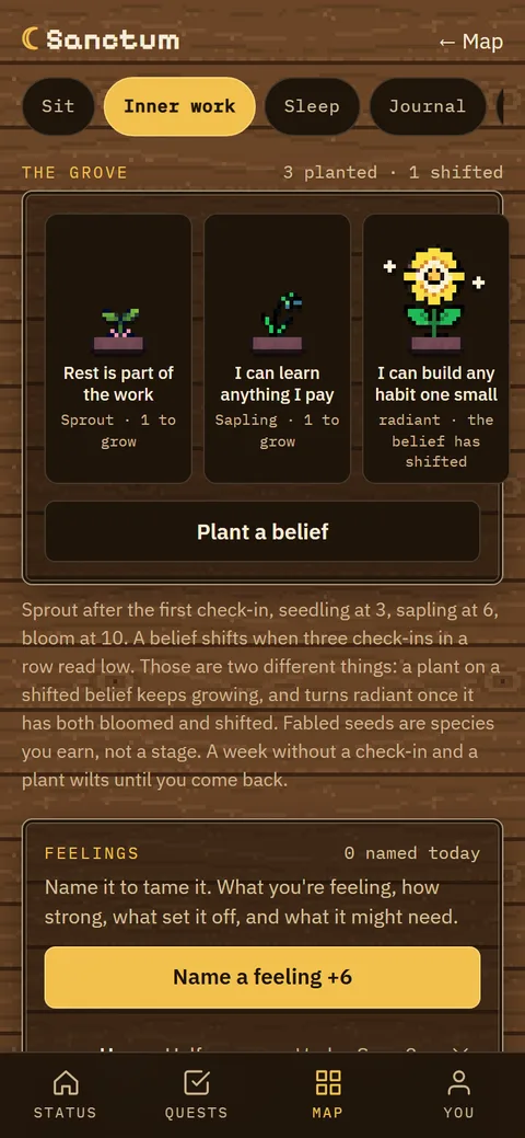 The Grove in the Sanctum, where beliefs being worked on grow as plants — a sprout, a sapling, and a sunflower in full bloom for one that has shifted.