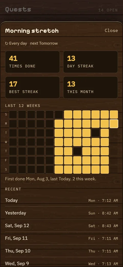 A habit's history, Morning stretch, done 41 times with a 13-day streak, and a twelve-week grid filling in gold from the day it started.