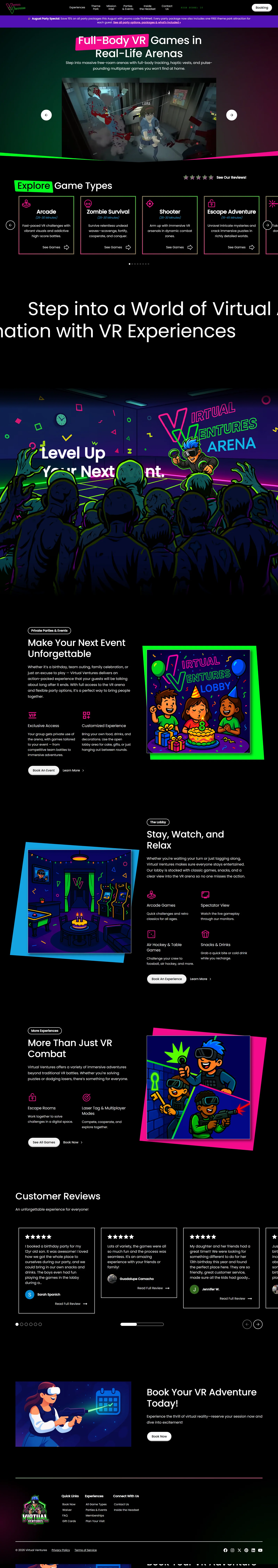 The Virtual Ventures homepage in full, from the neon hero through game types, party packages and reviews to the footer.